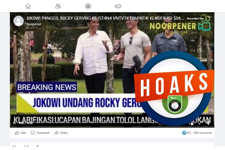 Tangkapan layar Facebook narasi yang menyebut Presiden Jokowi memaanggil Rocly Gerung ke Istana Negara untuk dimintai klarifikasi
