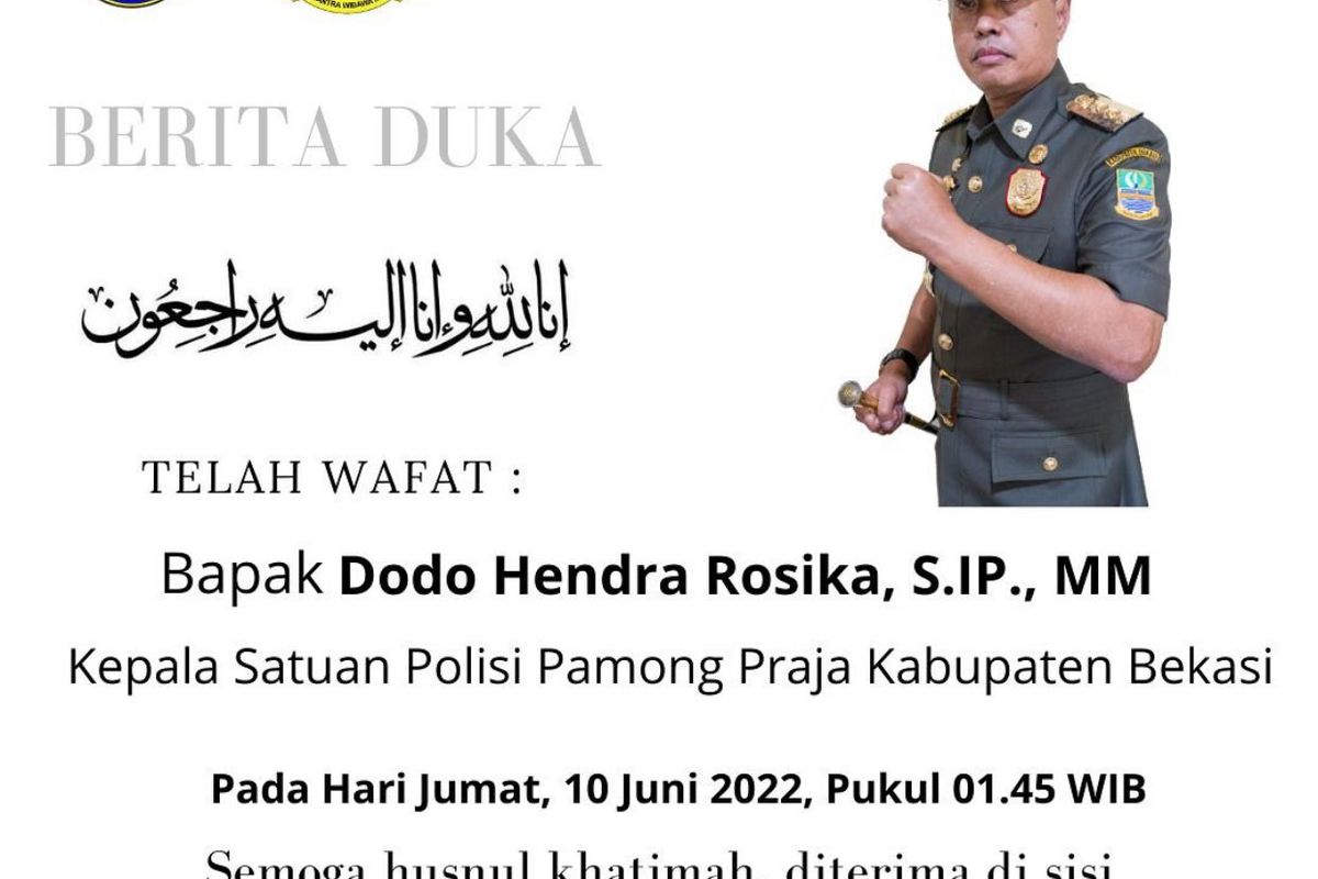 Kasatpol PP Kabupaten Bekasi Dodo Hendra Rosika yang meninggal dunia pada Jumat (10/6/2022). Dodo meninggal dunia dikarenakan penyakit yang sudah lama dideritanya. (Dokumentasi Humas Satpol PP Kabupaten Bekasi). 