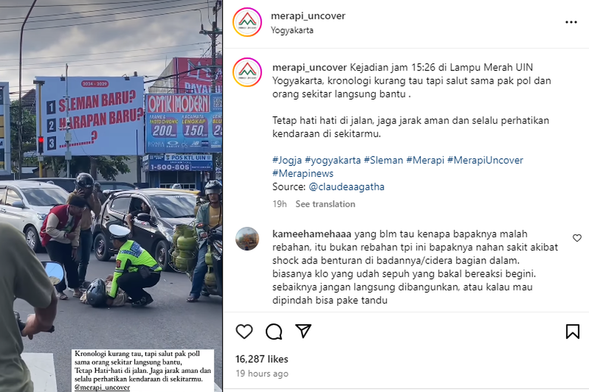 Video polisi dan warga sekitar menolong korban kecelakaan yang tergelak di tengah jalan.