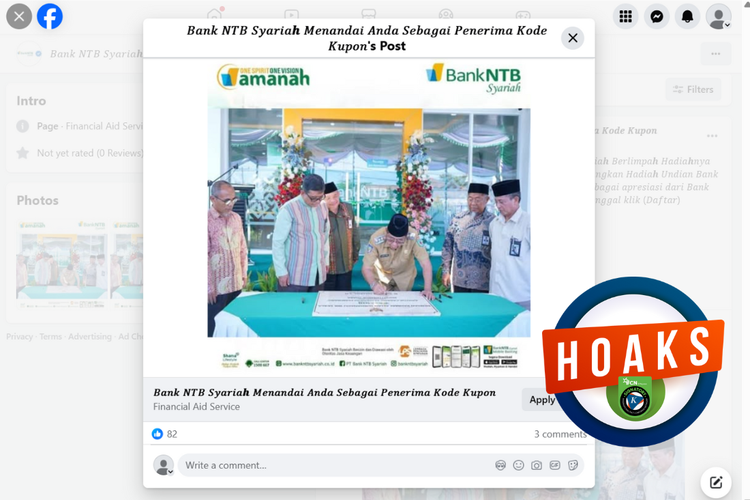 Tangkapan layar konten hoaks di sebuah akun Facebook, Rabu (16/4/2025), mengenai link pendaftaran undian berhadiah dari Bank NTB Syariah periode 2025.