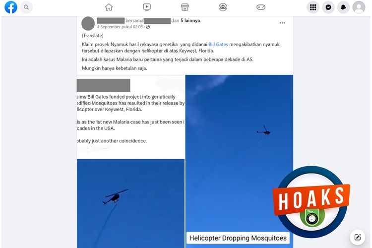 Tangkapan layar unggahan dengan narasi hoaks di sebuah akun Facebook, 4 September 2023, yang menyebut helikopter melepaskan nyamuk hasil rekayasa genetik yang didanai Bill Gates.