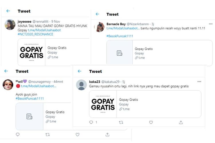Tangkapan layar twit informasi hoaks tentang GoPay gratis