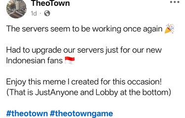 Pemberitahuan penambahan server setelah terjadi lonjakan pemain TheoTown dari Indonesia.