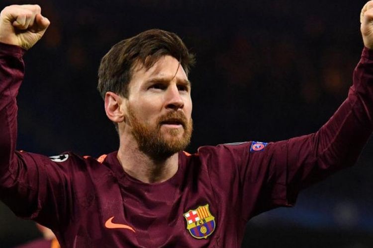 Lionel Messi merayakan gol untuk Barcelona ke gawang Chelsea dalam laga Liga Champions di Stamford Bridge, London, 20 Februari 2018.