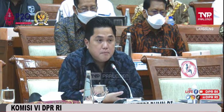 Menteri BUMN Erick Thohir saat rapat kerja dengan Komisi VI DPR, Jakarta, Senin (4/7/2022)