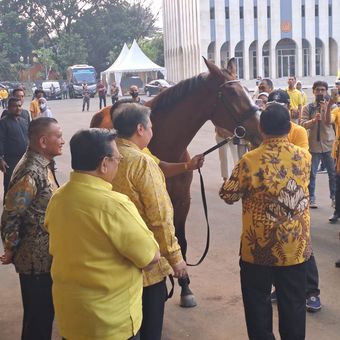 Momen Ketua Umum Partai Gerindra Prabowo Subianto disambut kuda ketika mendatangi kantor DPP Golkar, Jakarta, Kamis (31/8/2023). 