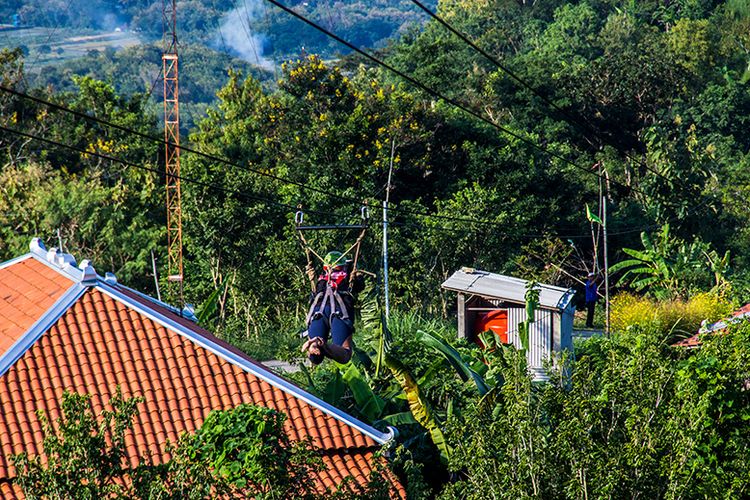 Meluncur di Flying Fox Green Village Gedangsari, Gunungkidul.