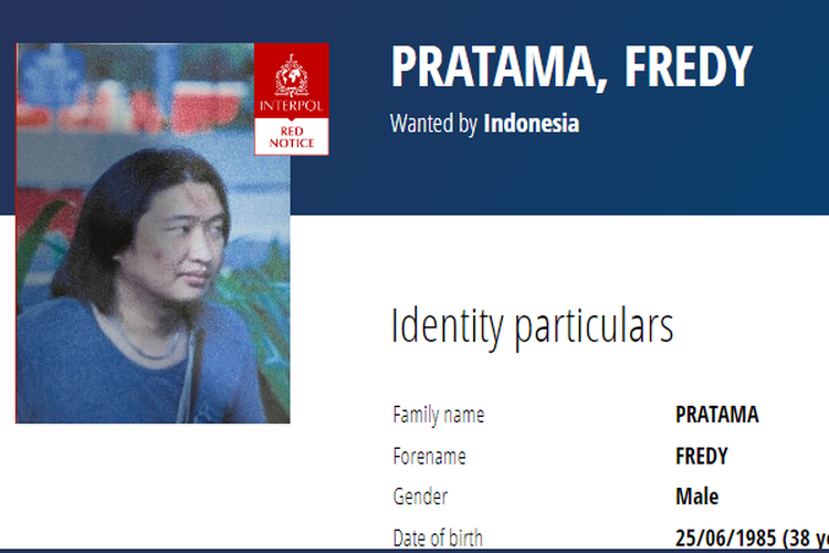 Penampakan sosok Fredy Pratama di situs Red Notice Interpol