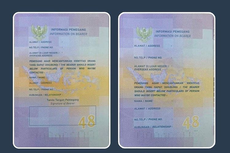 Ilustrasi paspor Indonesia desain lama dengan kolom tanda tangan dan paspor Indonesia desain baru tanpa kolom tanda tangan.