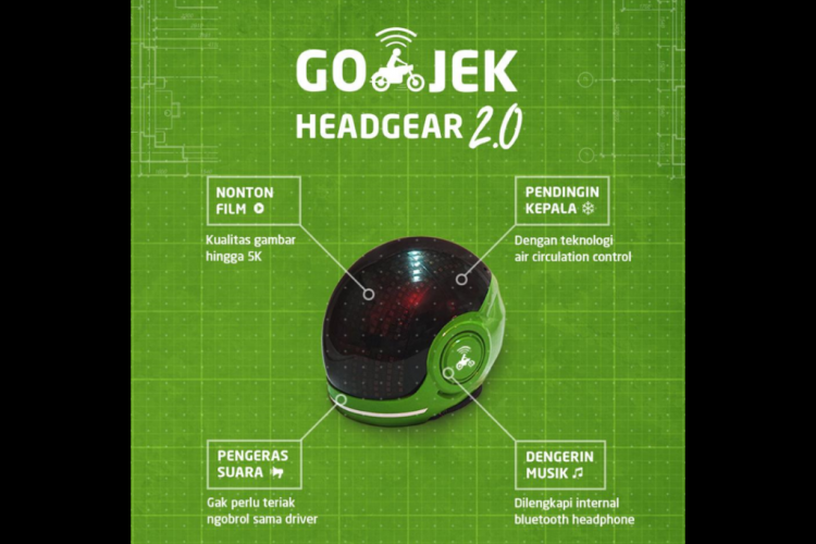 Gambar berisi informasi lelucon mengenai helm berteknologi canggih yang diunggah akun facebook Gojek Indonesia untuk memeriahkan April Mop pada Minggu (1/4/2018).