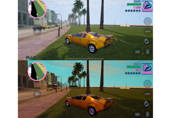 Perbandingan langit di GTA: Vice City tanpa mode Classic Lighting (atas) dan dengan mode Classic Lighting (bawah)