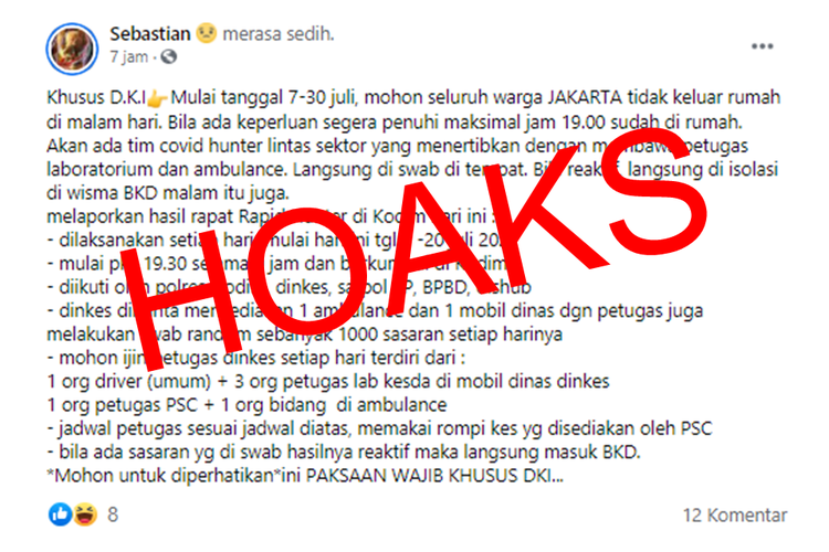 Tangkapan layar unggahan hoaks soal Tim Covid Hunter Jakarta.