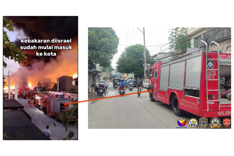 Kiri, mobil pemadam kebakaran dari video yang diklaim di Israel. Kanan, foto mobil pemadam kebakaran Filipina.