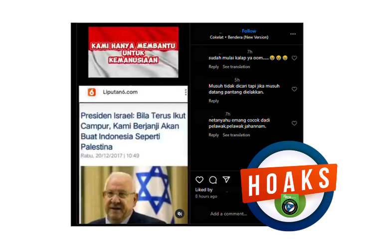 Hoaks, ancaman Presiden Israel kepada Indonesia