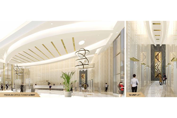 Lobby Premium Office Tower dengan ceiling yang tinggi terlihat megah dan modern yang didesain oleh DYXY, Los Angeles, California, USA serta lift kantor terbanyak di kota Medan (Dok: Agung Podomoro Land)