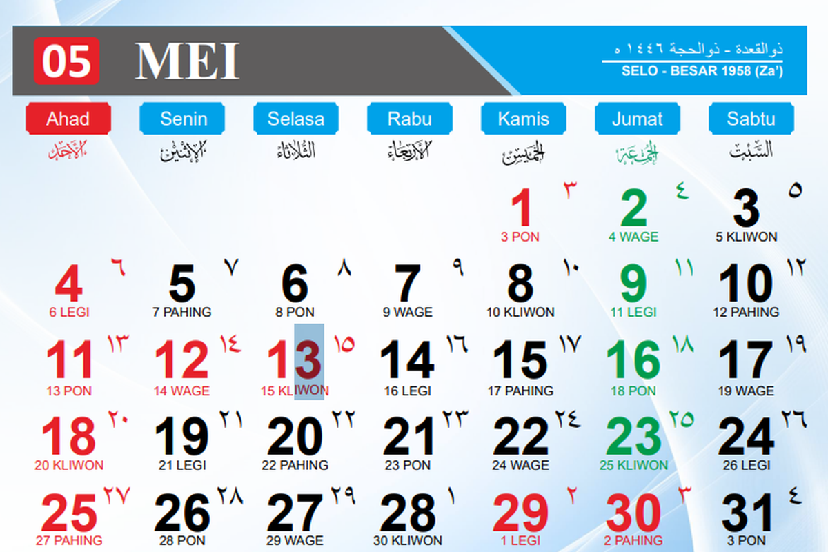 Kalender Mei 2025. Simak kalender Jawa Selasa, 20 Mei 2025 lengkap dengan weton dan penanggalan Hijriah.