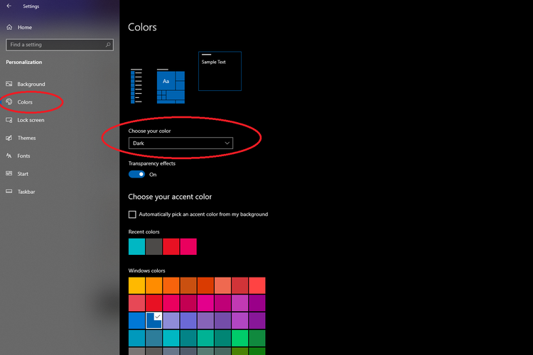Tampilan fitur Dark Mode yang dapat diakses melalui menu Settings di Windows 10.
