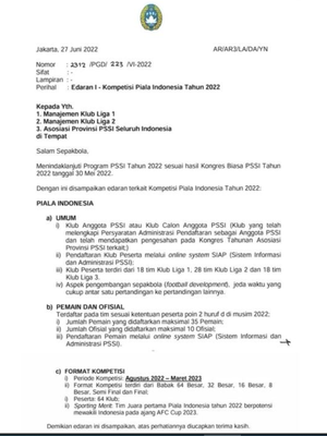 Surat edaran PSSI untuk klub-klub peserta Piala Indonesia 2022. Kompetisi ini kembali digulirkan setelah vakum selama tiga tahun.