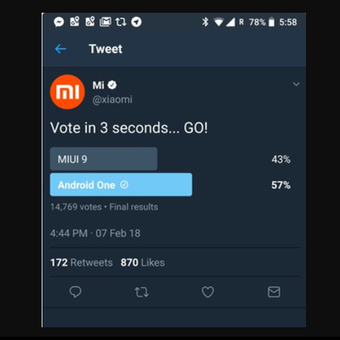 Tangkapan layar akun Twitter resmi @Xiaomi yang dihapus. Dalam postingan tersebut, Android One unggul 14 persen dibanding MIUI 9.