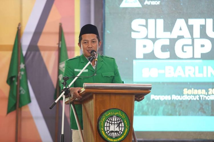 Ketua Umum Pimpinan Pusat Gerakan Pemuda (GP) Ansor, Addin Jauharudin menghadiri acara Silaturahim Pengurus Cabang GP Ansor Se-Barlingmascakeb, di Ponpes Roudhatut Tholibin, Kecamatan Kemranjen, Kabupaten Banyumas, Jawa Tengah, Selasa (20/2/2023).