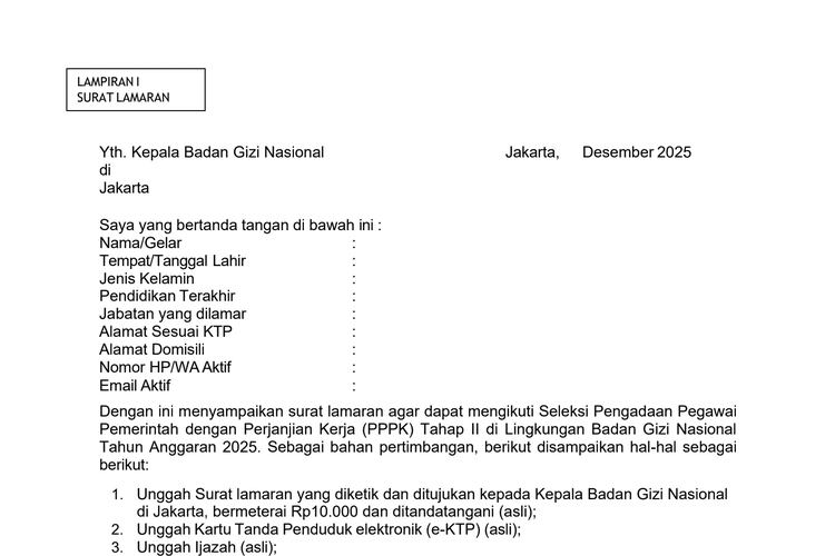Link Download Format Surat Lamaran dan Pernyataan Daftar PPPK BGN 2025