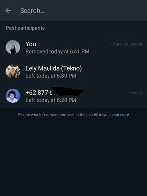 Menu view past participants bisa digunakan untuk mengetahui informasi anggota grup yang keluar dari grup dalam kurun waktu 60 hari terakhir.