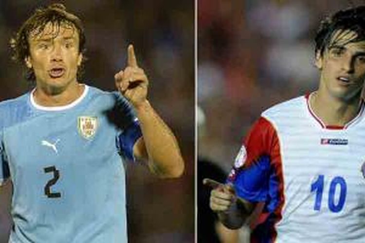 Kombinasi foto yang dibikin 12 Juni 2014, yang memperlihatkan aksi kapten Uruguay, Diego Lugano (kiri), pada 20 November 2013 di Montevideo, dan kapten Kosta Rika, Bryan Ruiz, pada 6 Februari 2013 di Panama City.
