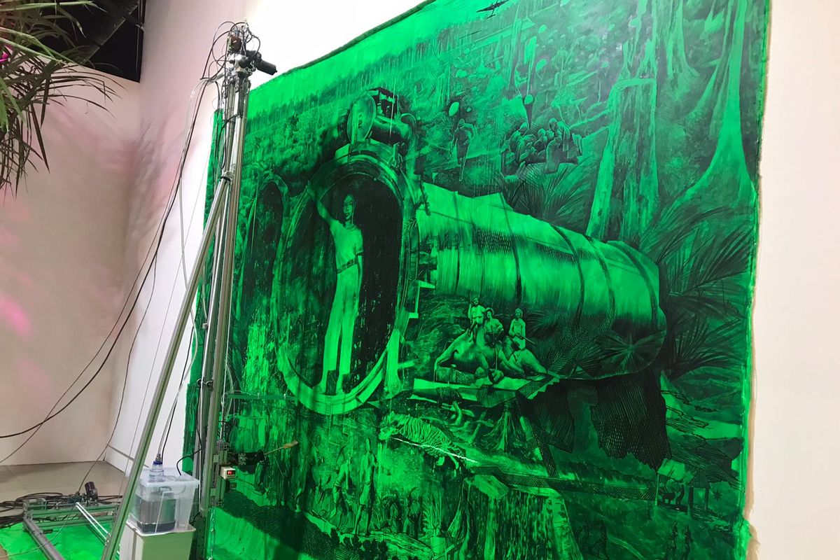 Salah satu karya yang dipamerkan dalam pameran Menjaga Jarak di SSAS Bandung. Lukisan ini menggambarkan tentang kebun sawit di Indonesia. 