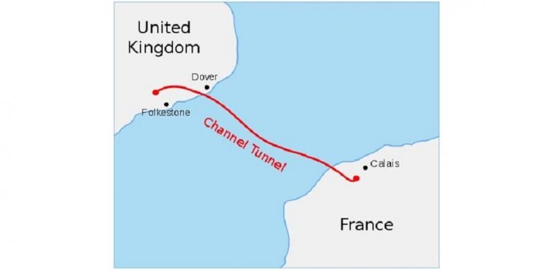 Peta terowongan Channel (Channel Tunnel), yang membentang sejauh 50 kilometer di bawah permukaan air Selat Inggris.