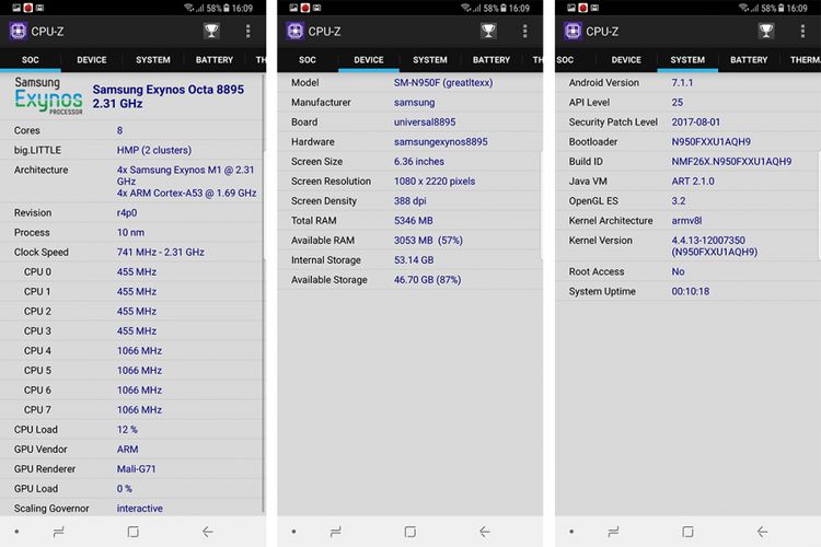 Screenshot CPU-Z memperlihatkan Galaxy Note 8 memakai chip octa core Exynos 8895 dengan frekuensi maksimum 2,3 GHz, berikut RAM 6 GB. Sistem operasi yang dijalankan adalah Android 7.1.1 Nougat.