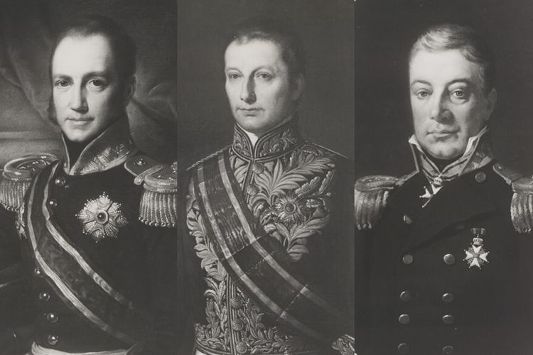 Godert Alexander Gerard Philip Baron van der Capellen (kiri), Cornelis Theodorus Elout (tengah), dan Arnold Adriaan Buyskes (kanan), merupakan anggota Komisaris Jenderal Hindia Belanda yang bertugas di Indonesia antara 1816-1819.