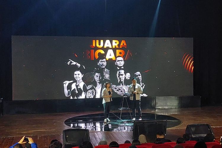 Greysia Polii saat mengisi acara Juara Bicara dalam rangkaian Santini Jebreeetmedia Awards 2023 di Usmar Ismail Hall, Jakarta, Rabu (19/7/2023).