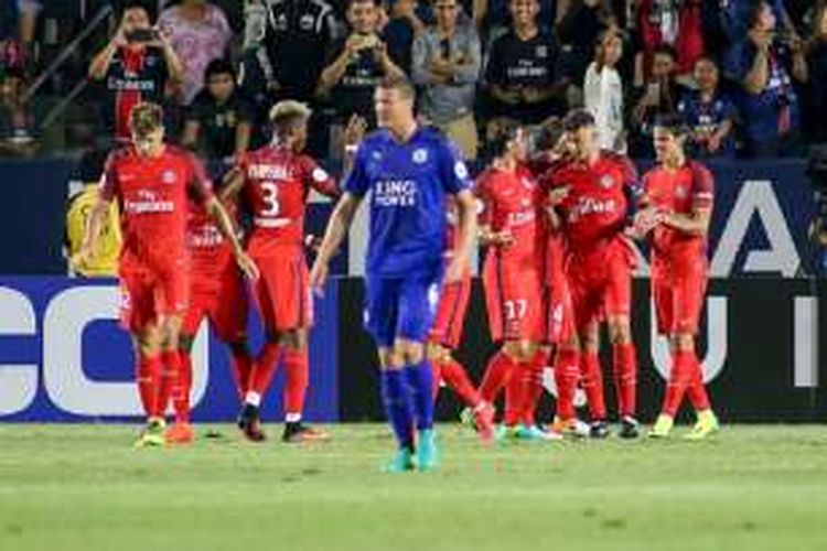 Para pemain PSG merayakan gol ke gawang Leicester City pada lanjutan ICC 2016, Sabtu (30/7/2016). 