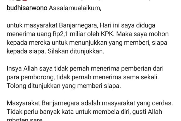 Unggahan Bupati Banjarnegara Budhi Sarwono alias Wing Chin di akun Instagram, sebelum akun IG nya menghilang pada Sabtu (4/9/2021).