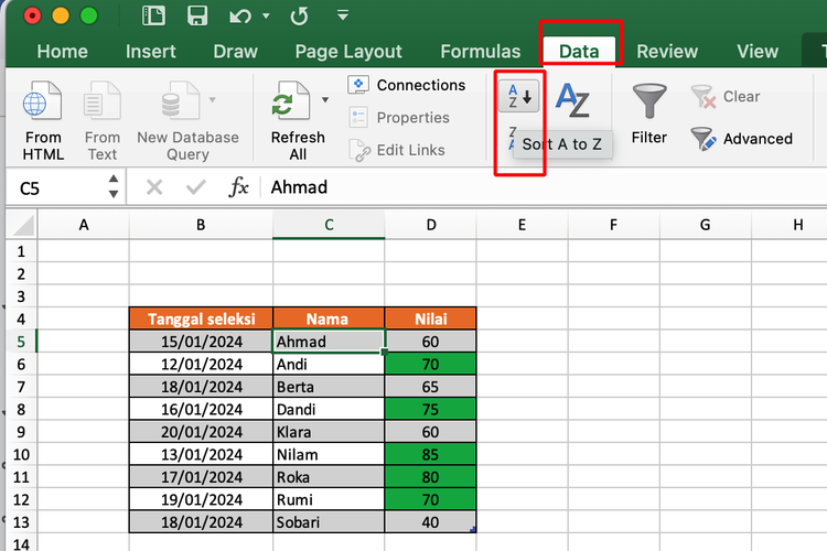 Ilustrasi cara mengurutkan data di Excel untuk data teks.