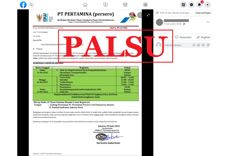 Tangkapan layar surat palsu di sebuah akun Facebook, 9 Juni 2022, tentang kelulusan tes dan panggilan wawancara calon karyawan PT Pertamina.