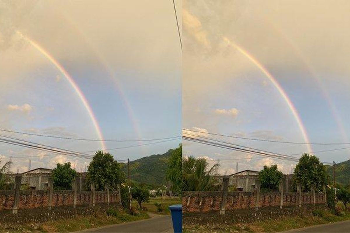 Kolase foto twinned rainbows atau pelangi kembar yang terjadi di langit Aceh Besar, Kamis (16/6/2022) sore. 