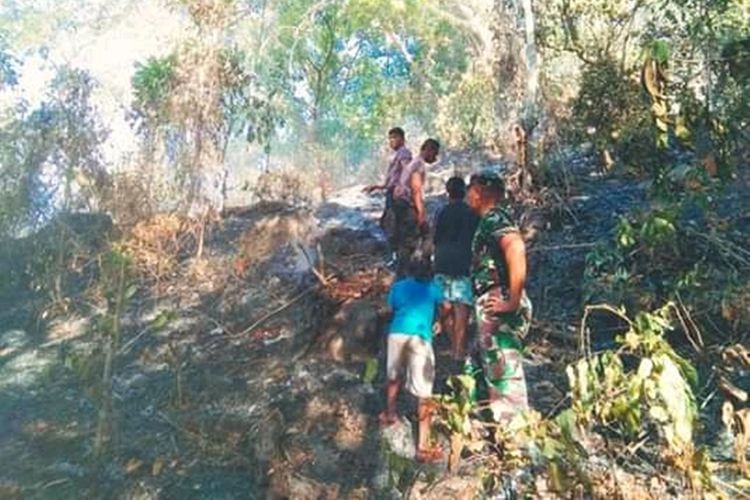 Aparat Keamanan, pihak terkait dan masyarakat setempat saat berusaha memadamkan api di lahan hutan Lindung Ilinmedo, Kabupaten Sikka, NTT, Sabtu (7/9/2019).