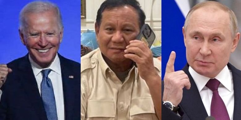 Kiri ke kanan: Presiden AS Joe Biden, Menteri pertahanan Prabowo Subianto, Presiden Rusia Vladimir Putin.