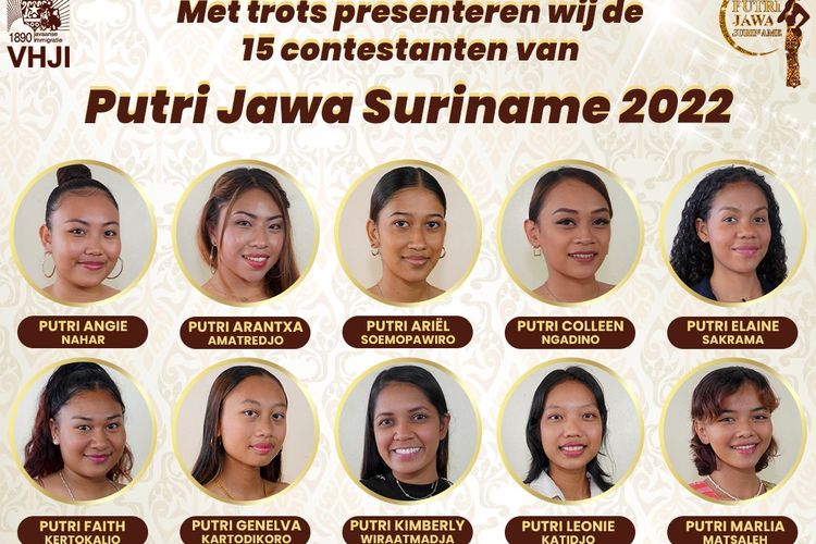 Foto 15 peserta kontes kecantikan Putri Jawa Suriname 2022. Ini adalah pagelaran kedua, babak final diselenggarakan pada September.