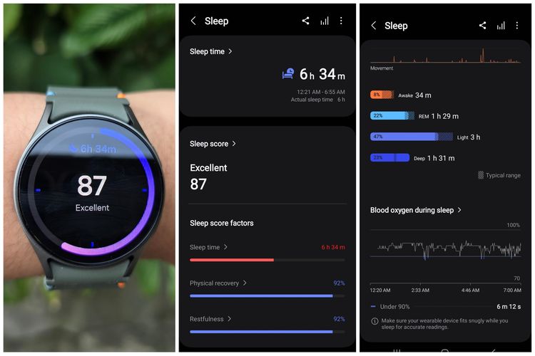 Samsung Galaxy Watch 7 punya fitur pemantaun tidur yang lengkap dan pintar. Pengguna bisa tahu durasi tidur, tidur nyenyak, saturasi oksigen, hingga siklus tidur.