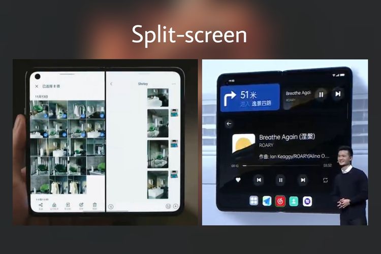 Tanpilan split-screen pada ponsel Oppo Find N.