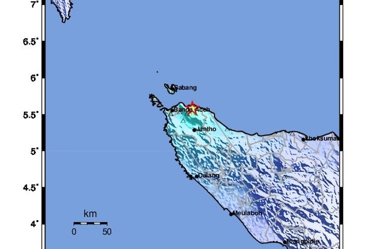 Peta gempa bumi di Aceh dengan kekuatan M 5,2 yang terjadi Sabtu (14/11/2020) dini hari.