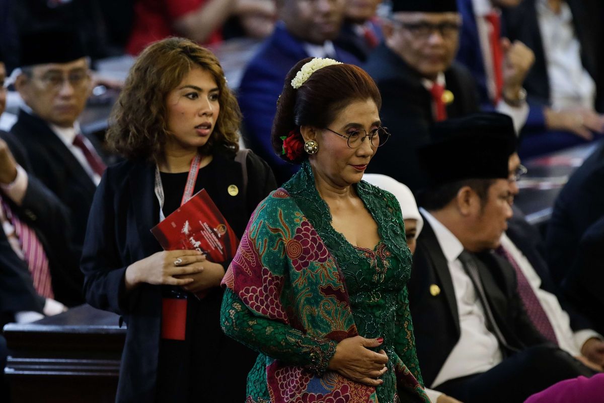 Menteri Kelautan dan Perikanan dari Kabinet Kerja 2014-2019, Susi Pudjiastuti hadir saat pelantikan Presiden dan Wakil Presiden RI di Gedung DPR/MPR, Jakarta, Minggu (20/10/2019). Jokowi dan Maruf Amin sebagai Presiden dan Wakil Presiden masa jabatan 2019-2024.