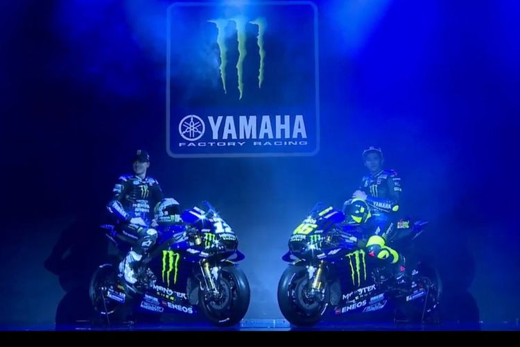 Peluncuran motor balap baru tim pabrikan Yamaha untuk MotoGP 2019 di Jakarta, Senin (4/2/2019). Menggandeng sponsor baru, mulai musim 2019 Yamaha akan menggunakan nama resmi Monster Energy Yamaha MotoGP Team.