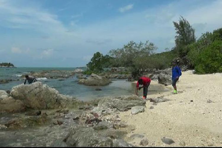 Pantai penuh bebatuan metamorf yang diduga berusia ratusan juta tahun di Belinyu, Kepulauan Bangka Belitung.