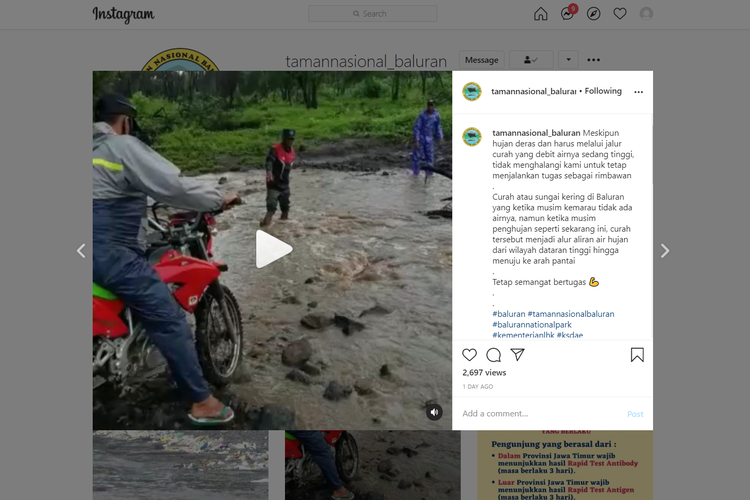 Tangkapan layar yang menunjukkan video banjir yang diunggah oleh akun Instagram @tamannasional_baluran, Rabu (6/1/2021).