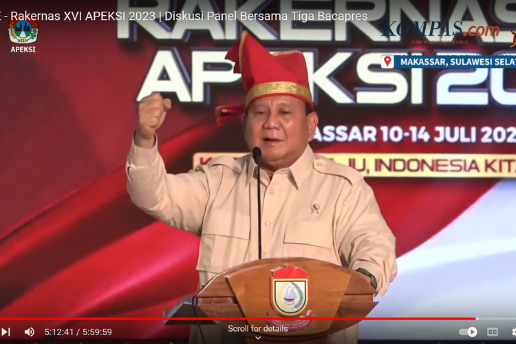 Prabowo Subianto dalam acara Apeksi 2023 di Makassar.
