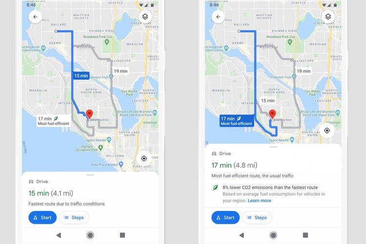 Ilustrasi fitur Eco-friendly routes yang bisa dipilih pengguna ketika hendak bernavigasi menggunakan Google Maps.