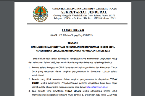 Pengumuman Seleksi Administrasi CPNS Kementerian LHK, 18.433 Pelamar Lolos